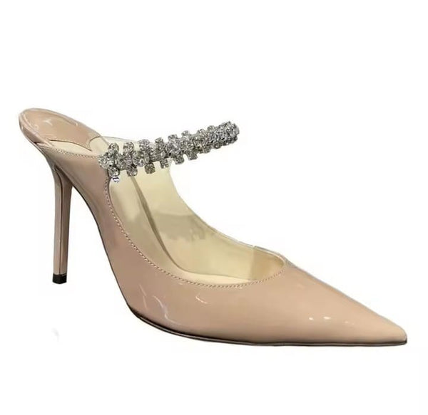 Mule Scarpin Salto Alto em Verniz Preto com Alça de Strass - 8cm e 10cm