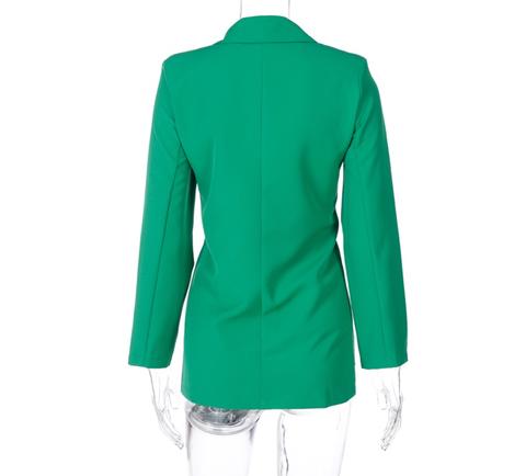 Blazer feminino estruturado com comprimento alongado e detalhe de amarração frontal ajustável, modelagem acinturada moderna
