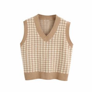 Colete feminino em tricot pied-de-poule, sem mangas, decote V e acabamento canelado