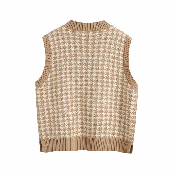 Colete feminino em tricot pied-de-poule, sem mangas, decote V e acabamento canelado