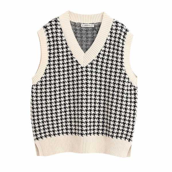Colete feminino em tricot pied-de-poule, sem mangas, decote V e acabamento canelado