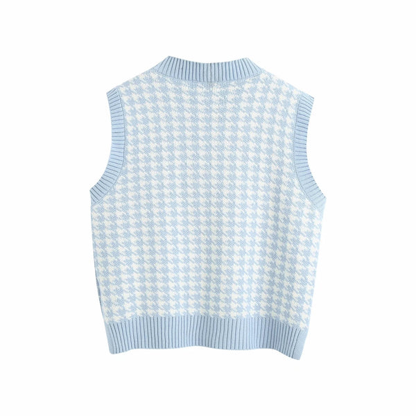 Colete feminino em tricot pied-de-poule, sem mangas, decote V e acabamento canelado