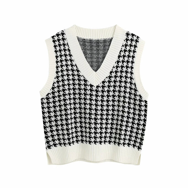 Colete feminino em tricot pied-de-poule, sem mangas, decote V e acabamento canelado