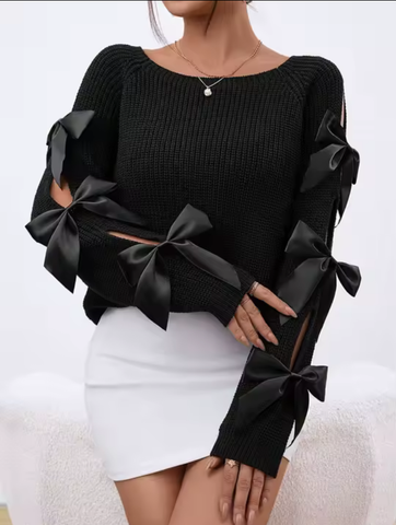 Long Sleeve Wool Blouse with Satin Bow