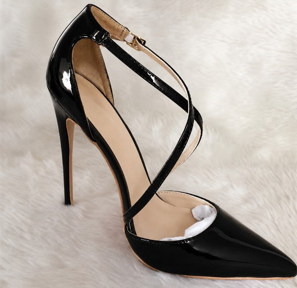 Scarpin Verniz Salto Alto Fino Com Tiras Cruzada 8cm e 10 cm