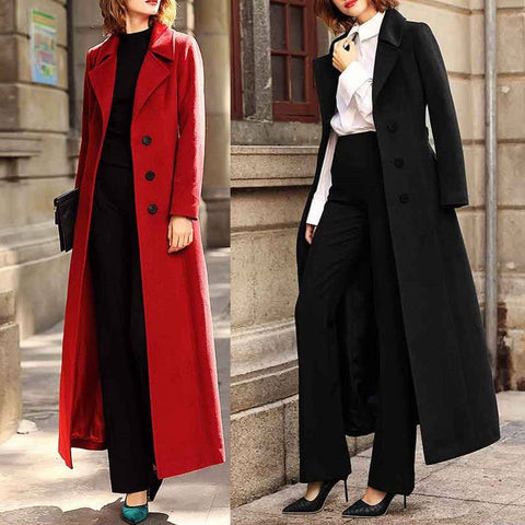 Sobretudo feminino de lã alongado com cinto e gola estruturada, modelagem reta e elegante – ideal para looks de inverno sofisticados.
