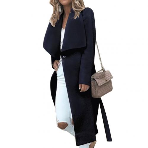 Sobretudo feminino longo de lã com lapela ampla e faixa de amarração, estilo sofisticado ideal para o inverno.