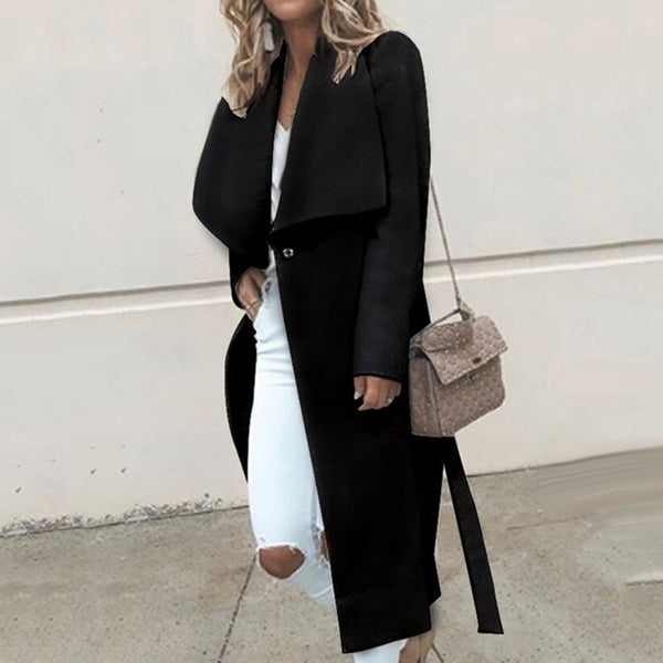 Sobretudo feminino longo de lã com lapela ampla e faixa de amarração, estilo sofisticado ideal para o inverno.