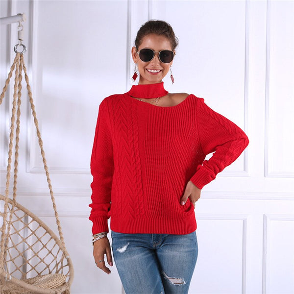 Suéter feminino gola alta em tricot com recorte no ombro e manga longa, modelo moderno e estiloso para inverno
