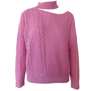 Suéter feminino gola alta em tricot com recorte no ombro e manga longa, modelo moderno e estiloso para inverno
