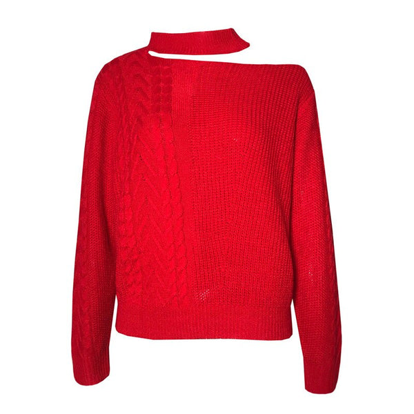 Suéter feminino gola alta em tricot com recorte no ombro e manga longa, modelo moderno e estiloso para inverno
