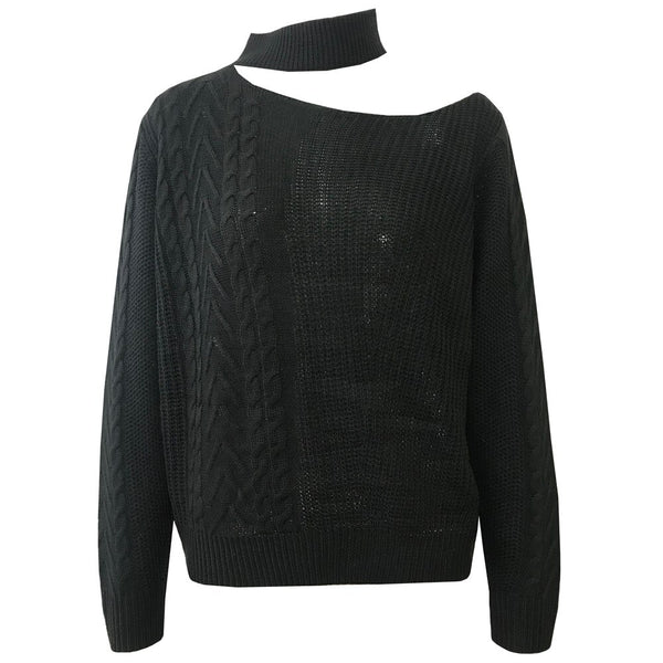 Suéter feminino gola alta em tricot com recorte no ombro e manga longa, modelo moderno e estiloso para inverno
