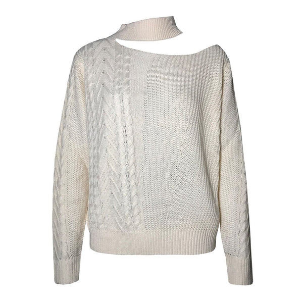 Suéter feminino gola alta em tricot com recorte no ombro e manga longa, modelo moderno e estiloso para inverno
