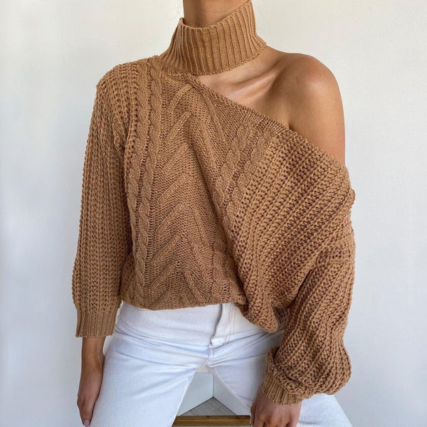 Suéter feminino gola alta em tricot com recorte no ombro e manga longa, modelo moderno e estiloso para inverno
