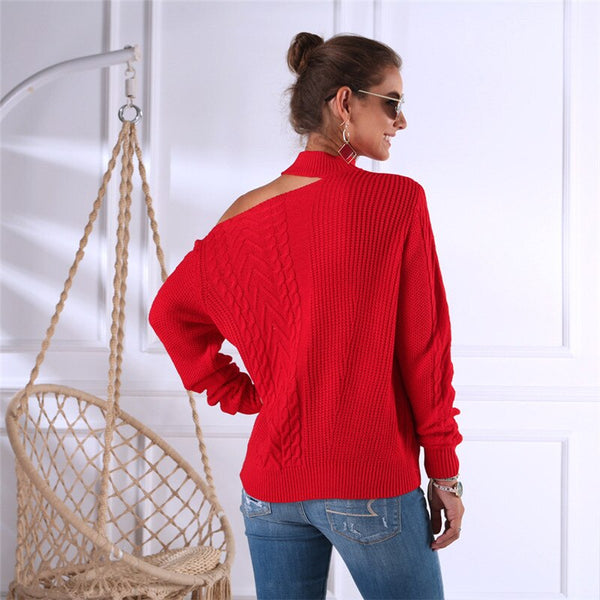 Suéter feminino gola alta em tricot com recorte no ombro e manga longa, modelo moderno e estiloso para inverno
