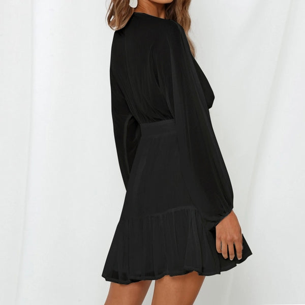 Vestido Curto Feminino em Chiffon com Manga Longa, Decote V e Babados, Ideal para Festa, Passeio ou Eventos Casuais