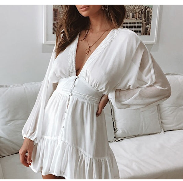 Vestido Curto Feminino em Chiffon com Manga Longa, Decote V e Babados, Ideal para Festa, Passeio ou Eventos Casuais
