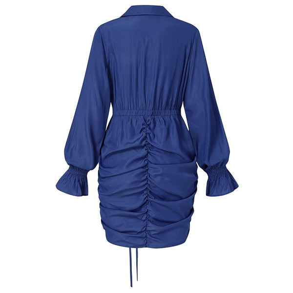 Vestido Curto Feminino com Manga Longa, Decote Blazer e Cordão de Regulagem, Ideal para Festa, Evento, Jantar ou Passeios