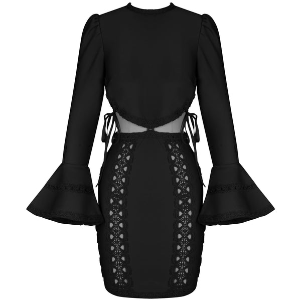 Vestido curto justo com manga longa, gola redonda, recorte na cintura e detalhe em renda vazada. Look elegante, sofisticado e moderno.