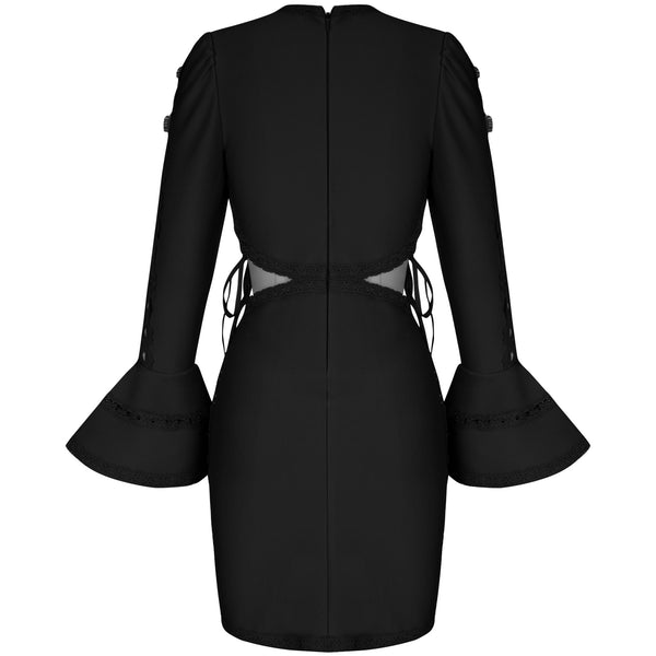 Vestido curto justo com manga longa, gola redonda, recorte na cintura e detalhe em renda vazada. Look elegante, sofisticado e moderno.