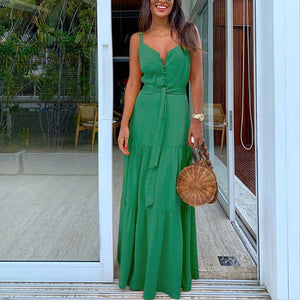 Vestido Longo Feminino de Alcinha com Botões Frontais e Faixa de Amarração, Ideal para Passeios ou Eventos Casuais