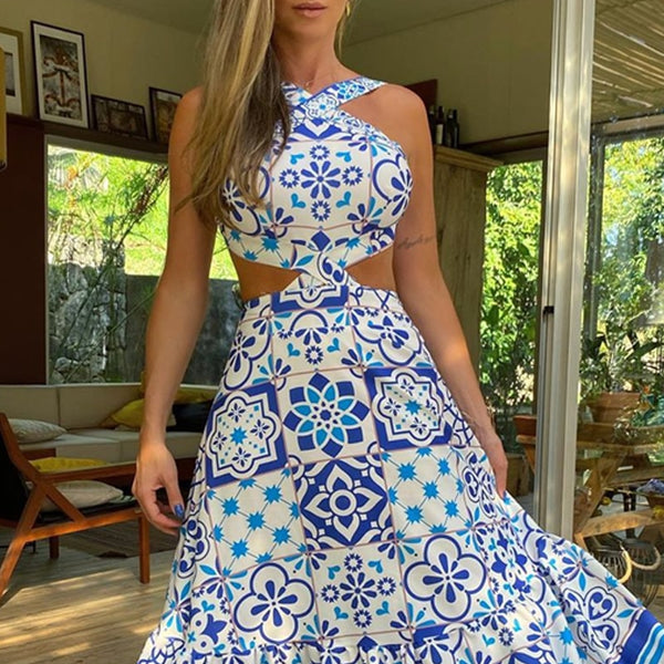 Vestido Longo Feminino Azul Estampado Floral com Recorte na Cintura, Decote Halter e Saia Fluida, Ideal para festas, Eventos ou Viagens