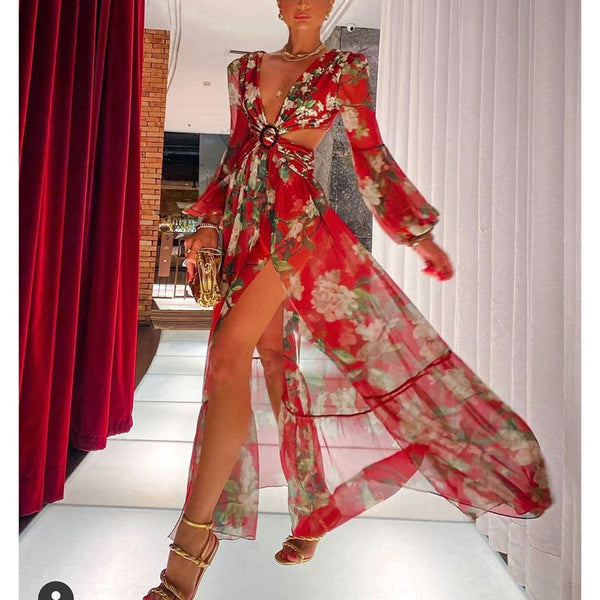Vestido longo estampado com manga longa, decote V profundo e recorte na cintura, ideal para festas e casamentos
