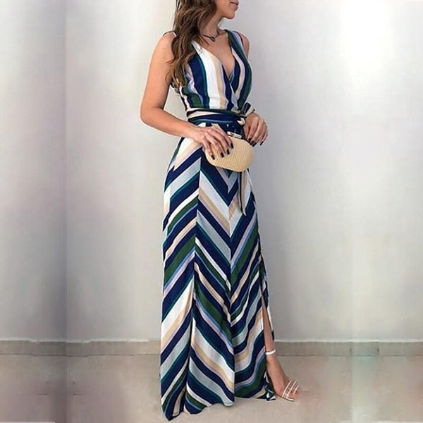 Vestido Longo Feminino Listrado com Amarração na Cintura e Decote V, Ideal para Passeios ou Eventos
