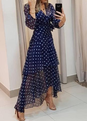 Vestido Longo Feminino Poá com Decote V Transpassado, Manga Longa Bufante e Saia Assimétrica, Ideal para Eventos, Jantares ou Festas