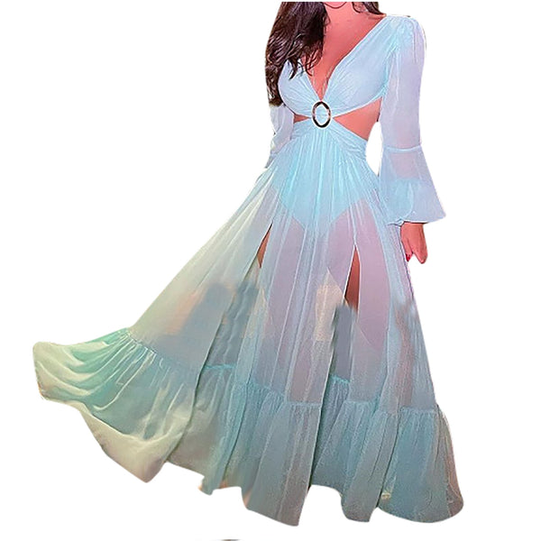 Vestido longo em tule azul claro com recorte na cintura, detalhe em argola, manga longa bufante e decote V profundo. Look leve, elegante e sofisticado.