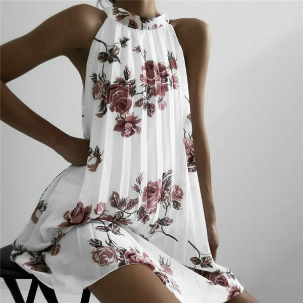 Vestido midi casual floral plissado, sem mangas e com gola alta