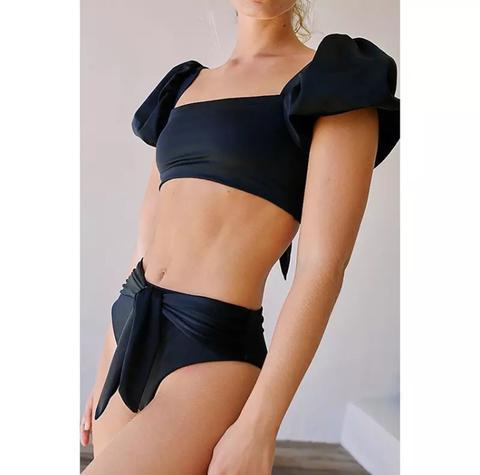 Conjunto de Biquíni Cintura Alta com Mangas Curtas Bufantes