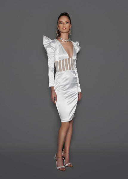 Vestido Midi Justo de Cetim Decote V Mangas Bufantes