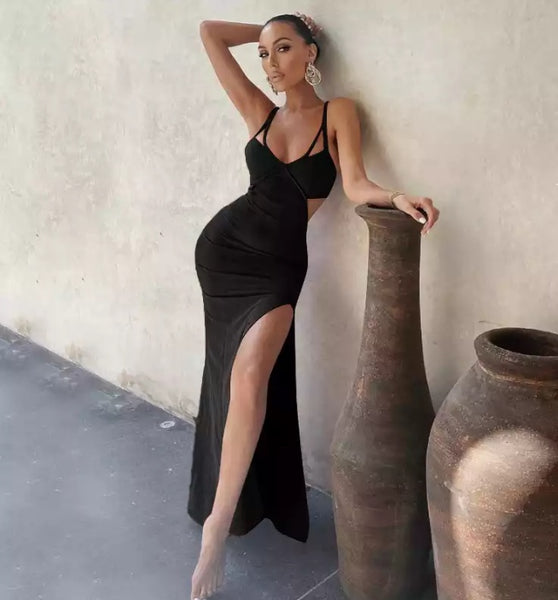 Vestido Longo Justo com Fenda e Alcinha Decote V Costas Abertas