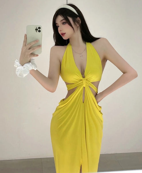 Vestido Longo Decote V Recorte na Cintura