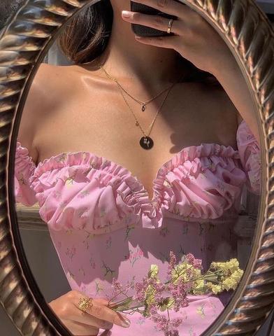Vestido Midi Floral Ombro a Ombro Decote V com Fenda