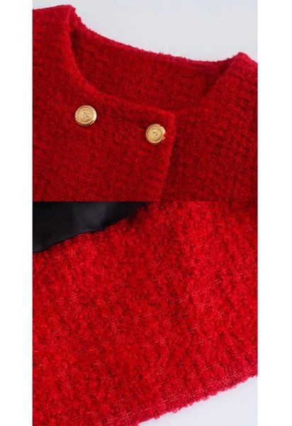 Conjunto de Lã Vermelho Blazer Curto Manga Longa e Saia Curta