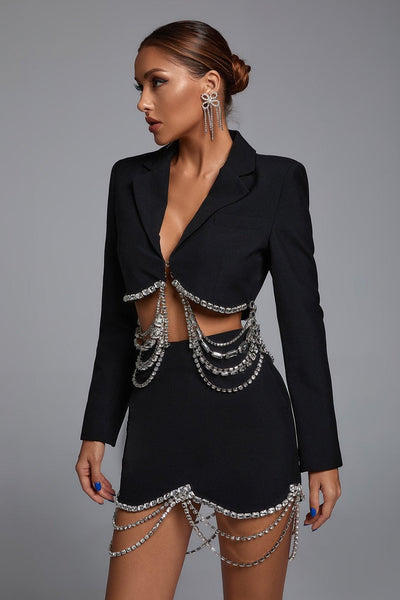 Cropped Blazer and Short Skirt Set with Crystal Chains