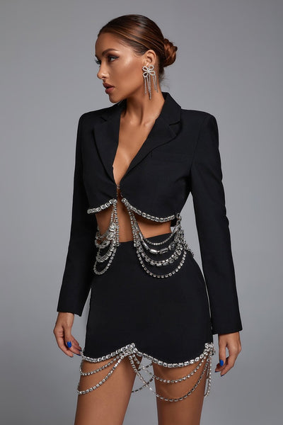 Cropped Blazer and Short Skirt Set with Crystal Chains