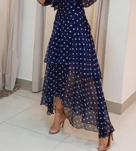 Vestido Longo Poá Decote V Manga Longa