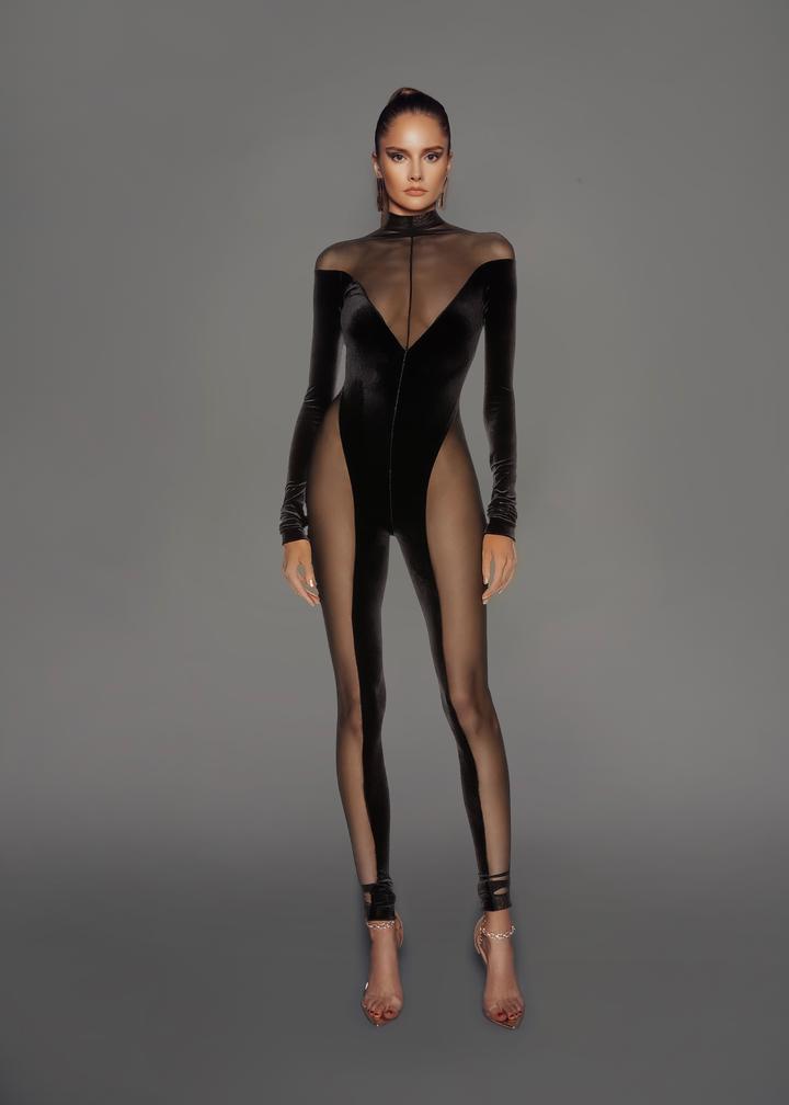 Black Jumpsuit in Tight Tulle with Velvet and Transparency on the Sides