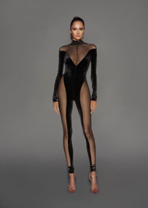 Black Jumpsuit in Tight Tulle with Velvet and Transparency on the Sides