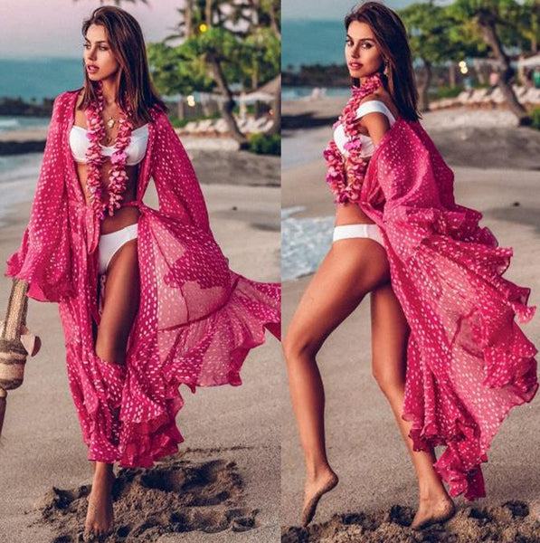 Saída de Praia Longa Transparente Poá Pink