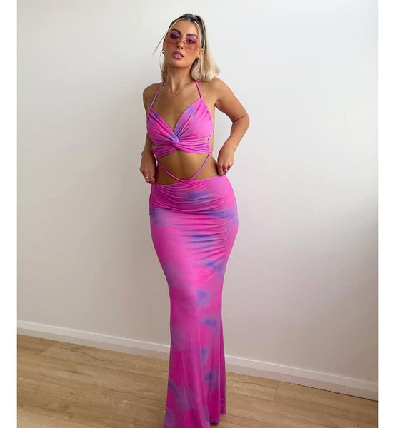 Vestido Longo de Alcinha com Recorte na Cintura e Decote V
