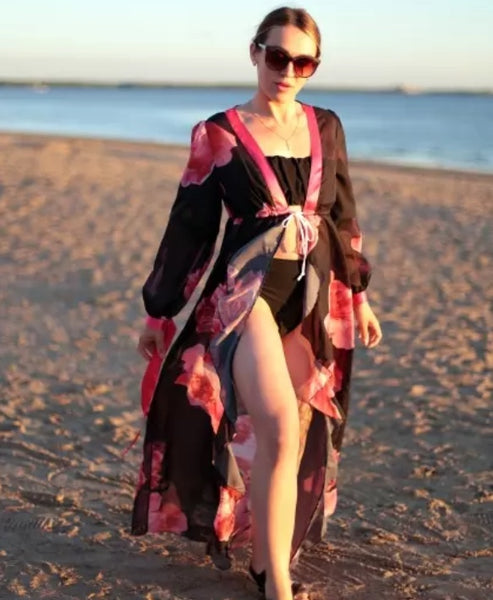 Saída de Praia Longa Manga Longa Preta Floral