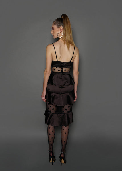 V-Neck Strappy Midi Dress with Ruffles and Polka Dot Tulle