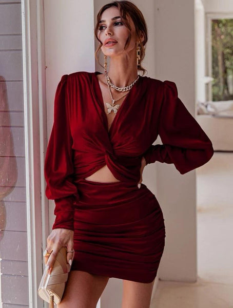 Vestido Curto Drapeado Manga Longa Bufante Recorte na Cintura