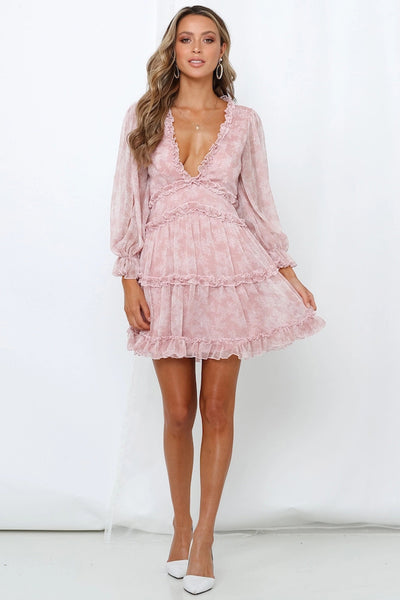 Vestido Curto de Chiffon Decote V Manga Longa