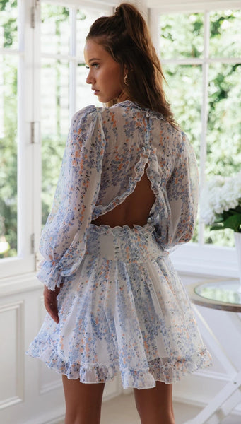 Vestido Curto de Chiffon Decote V Manga Longa