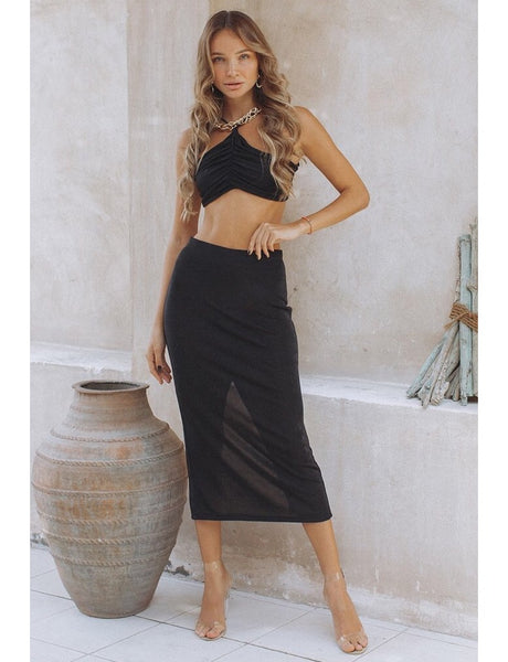 Conjunto Top Curto Franzido e Saia Midi Justa